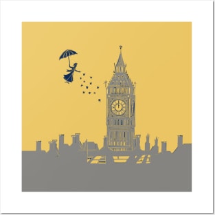 Mary Poppins and Big Ben Lino Print in Mustard and Grey Posters and Art